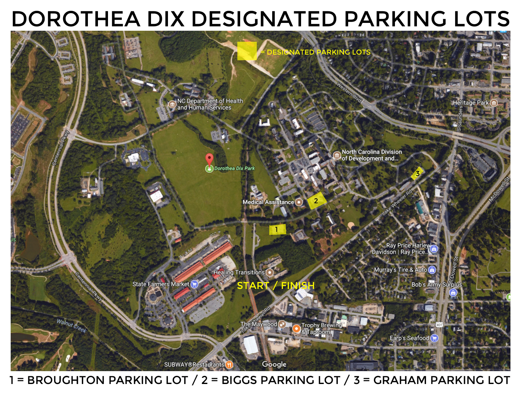 Runologie race parking on Dorothea Dix Park campus