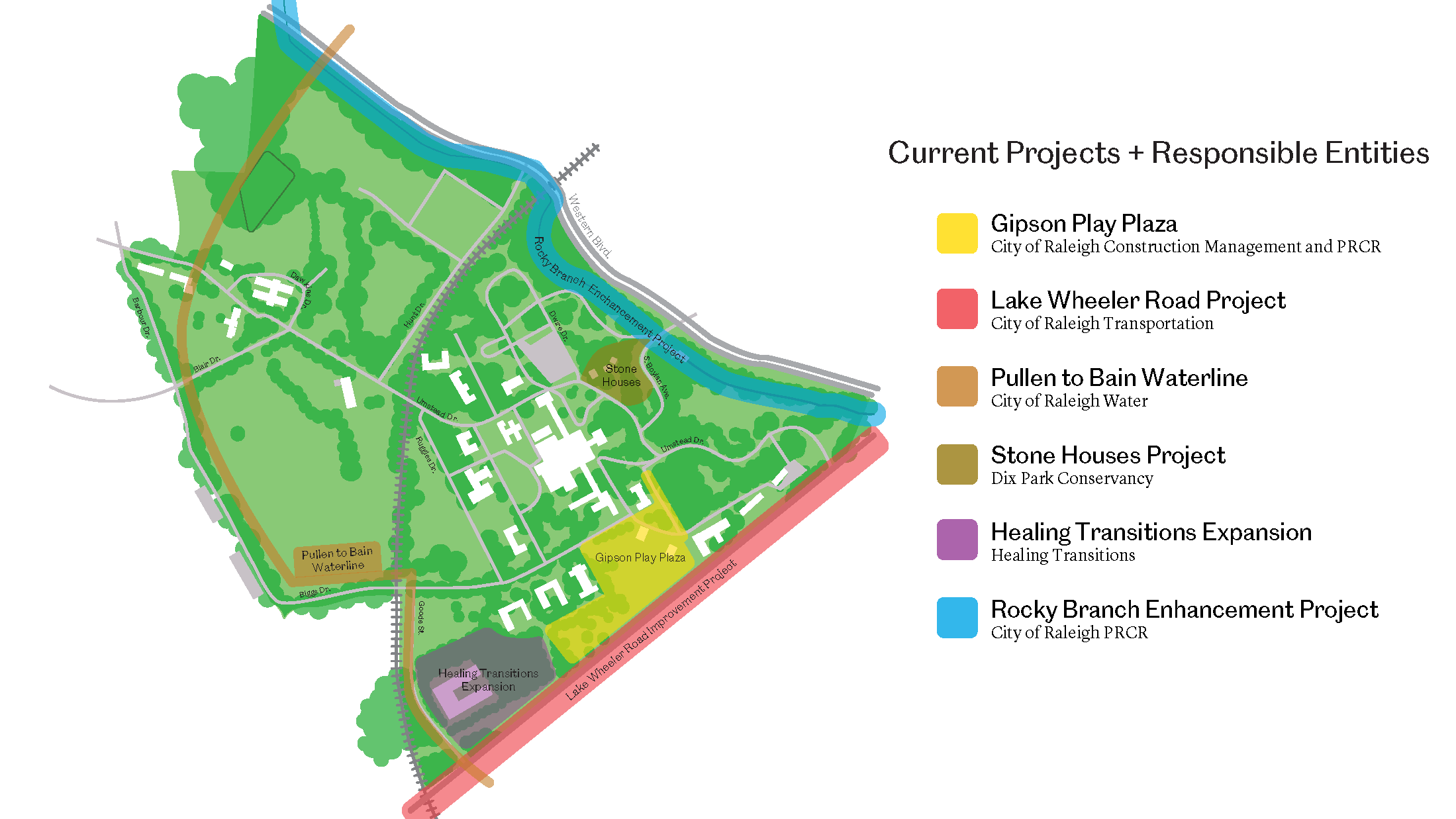 Map of current projects in and around Dix Park as of January 2023