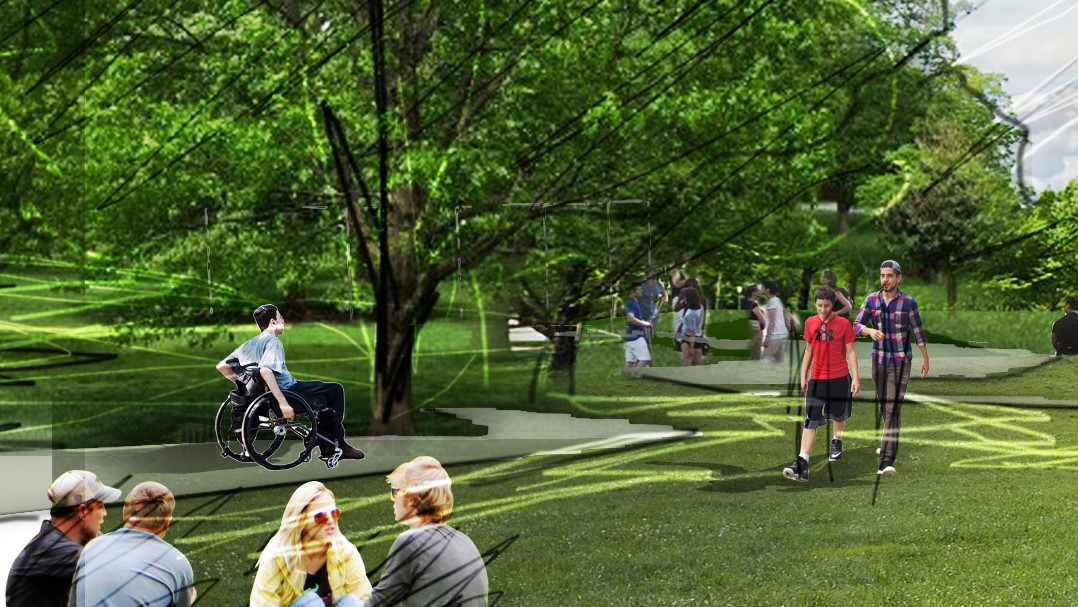 Gipson Play Plaza rendering of the Grove view lawn and pathways