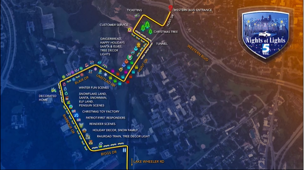 WRAL Nights of Lights illustrated route through Dix Park