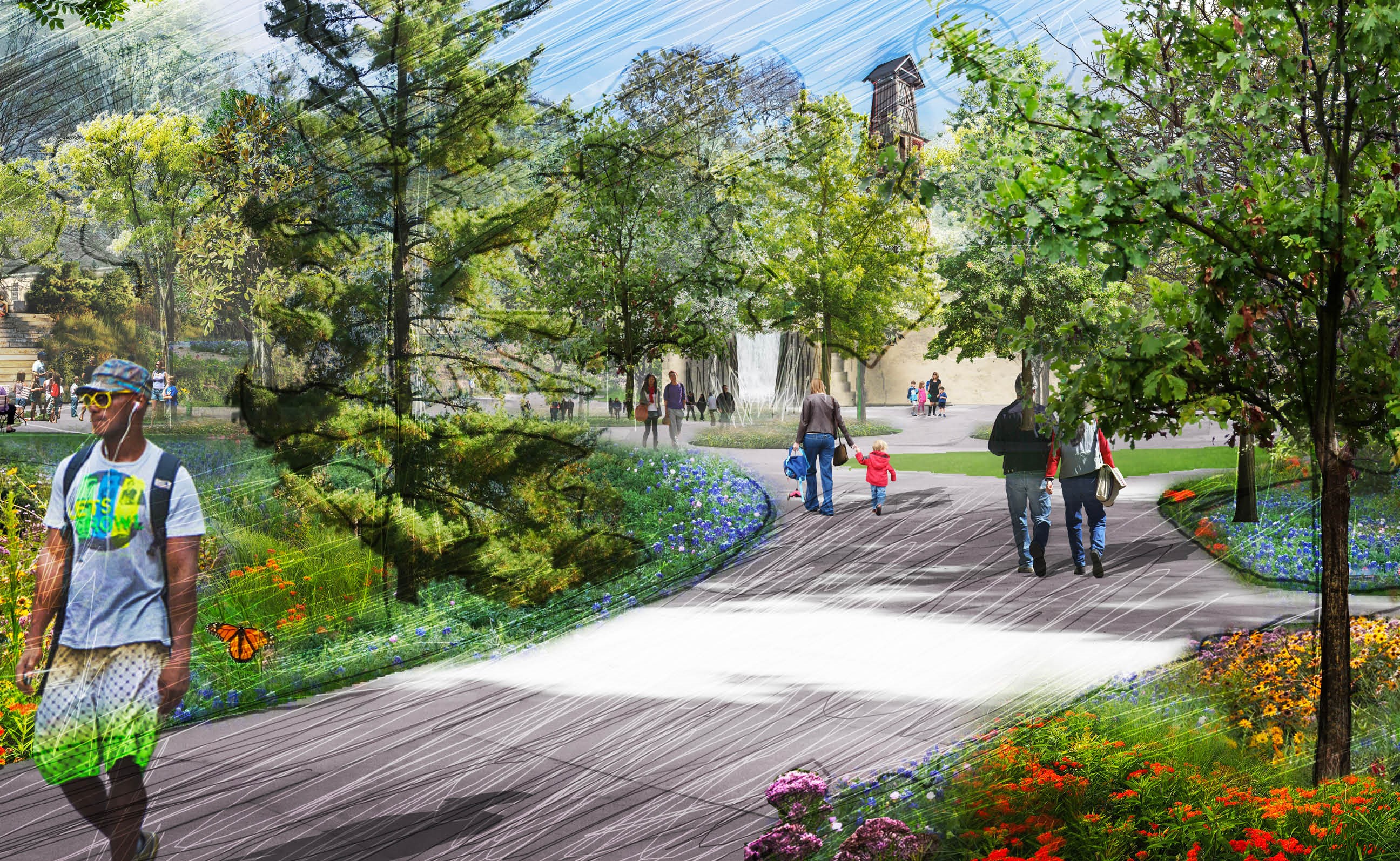 People walking through paths and gardens in Gipson Play Plaza design rendering