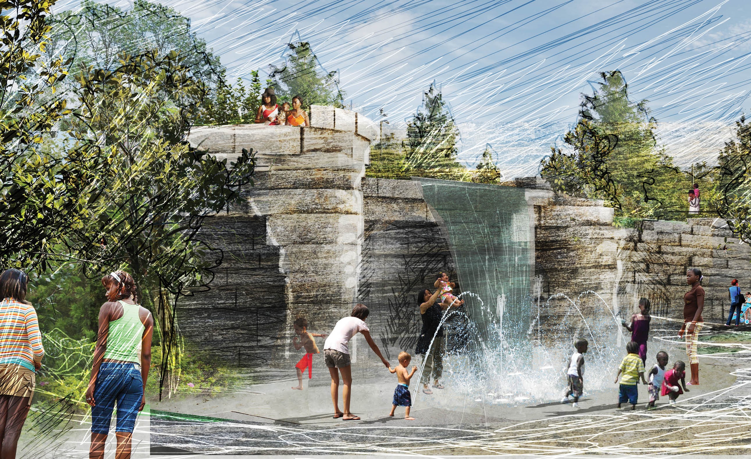 Waterfall Wall rendering - Gipson Play Plaza at Dix Park