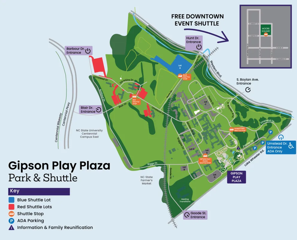 Gipson Play Plaza Grand Opening Parking Map with Shuttles Stops