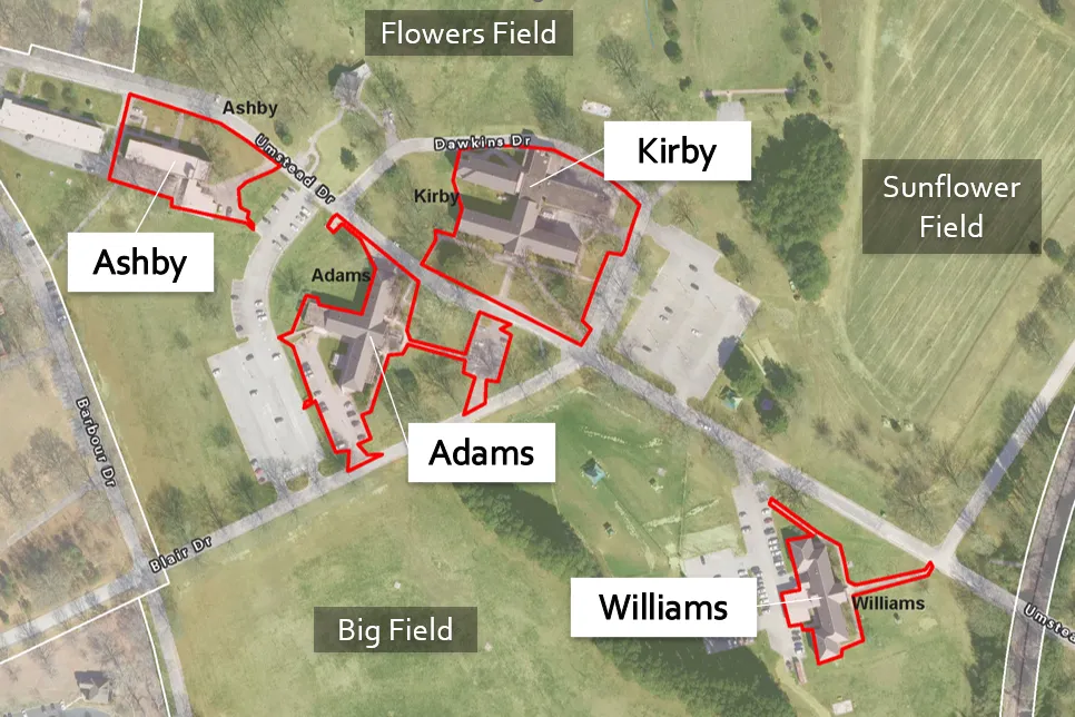 West Campus building removal exhibit showing Adams, Ashby, Kirby and Williams