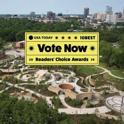 Aerial of Gipson Play Plaza with vote now graphic