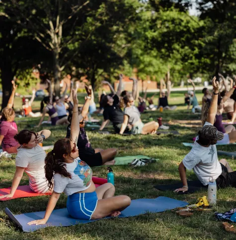 people seated doing yoga in the grass