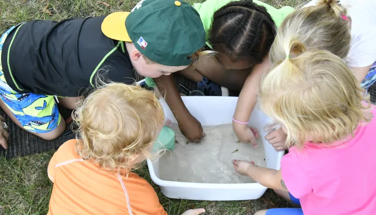 Young children playing with tadpoles