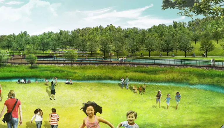 Rocky Branch Restoration project rendering of Creek & Grove area