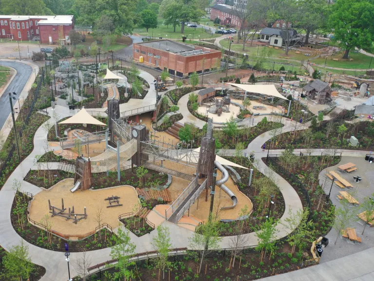 Gipson Play Plaza aerial view April 2025