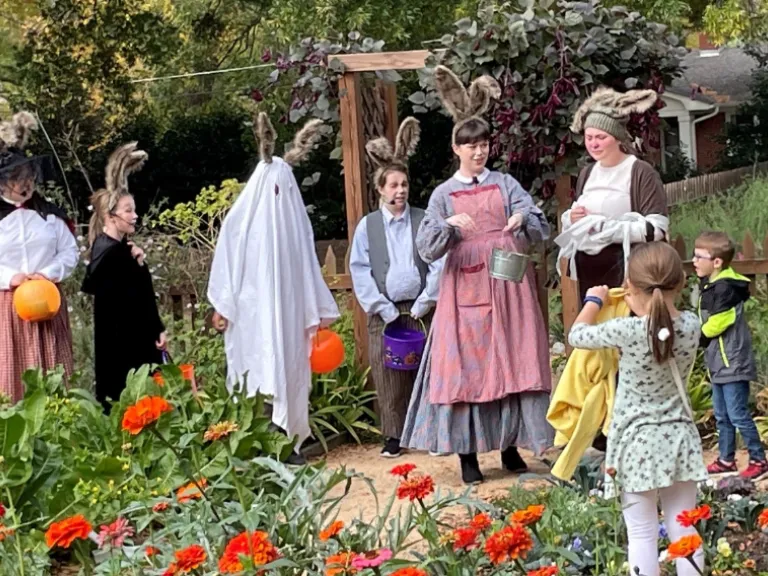 People dressed in costumes performing theater outside.