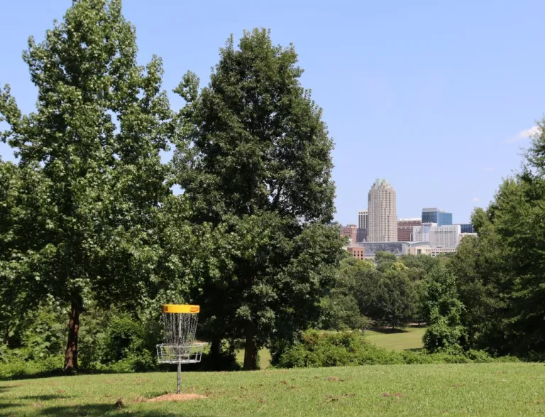 Hole 4 Raleigh Skyline view at Dix Park Pop-up Disc Golf Course