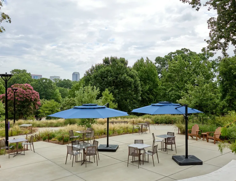 outdoor tables, chairs, and umbrellas